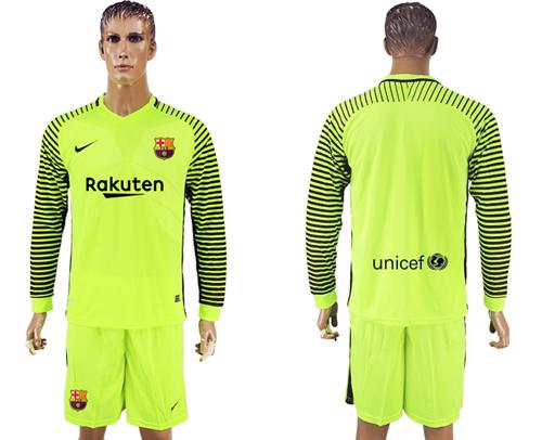 Barcelona Blank Shiny Green Goalkeeper Long Sleeves Soccer Club Jersey - Click Image to Close
